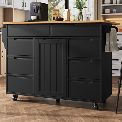 Moderne Kücheninsel, Küchenschrank, Ausziehbarer Küchenwagen mit Rollen und Arbeitsplatte, Servierwagen mit Gewürzregal und 8 Schubladen, Schwarz