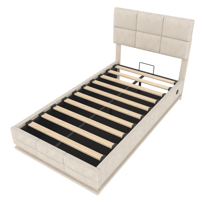 90x200 cm Modernes Velours-Polsterbett mit höhenverstellbarem Kopfteil - Inkl. USB/Type-C-Anschlüssen, LED-Ambientebeleuchtung, hydraulischem Lift-System & XXL-Stauraum (ohne Matratze) - Beige