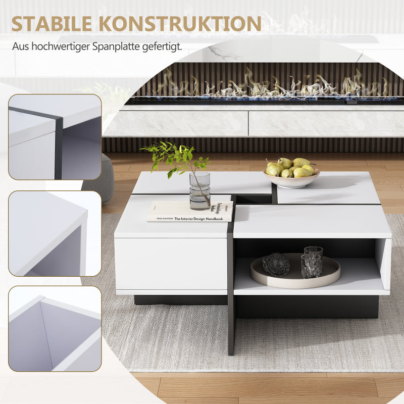 Moderner quadratischer Couchtisch 70x70x35cm – Schwarz-Weiß Design, 5 offene Fächer, mittleres Staufach 10x10cm, stabiler 30KG Tragkraft,Weißer quadratischer Couchtisch