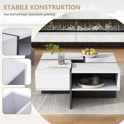 Moderner quadratischer Couchtisch 70x70x35cm – Schwarz-Weiß Design, 5 offene Fächer, mittleres Staufach 10x10cm, stabiler 30KG Tragkraft,Weißer quadratischer Couchtisch