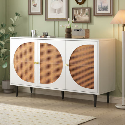 Sideboard mit 3 Rattan verzierten Türen Kommode Highboard mit Metallgriffe, für Schlafzimmer & Wohnräume & Büro, Weiß,129.8x 40x 76cm