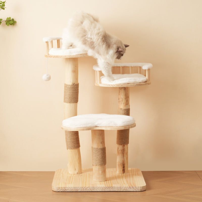 Designer Katzenklettergerüst aus Massivholz - 98 cm hoch, 3-stufiges Sprungbrett, abnehmbare Kissen und Spielbälle, Wolkenoptik-Imitation - Natürlich, umweltfreundlich, nachhaltige Nutzung, Katzenklet