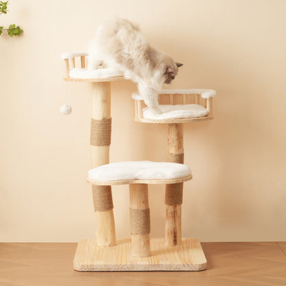 Designer Katzenklettergerüst aus Massivholz - 98 cm hoch, 3-stufiges Sprungbrett, abnehmbare Kissen und Spielbälle, Wolkenoptik-Imitation - Natürlich, umweltfreundlich, nachhaltige Nutzung, Katzenklet
