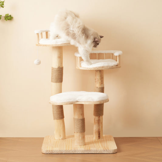 Designer Katzenklettergerüst aus Massivholz - 98 cm hoch, 3-stufiges Sprungbrett, abnehmbare Kissen und Spielbälle, Wolkenoptik-Imitation - Natürlich, umweltfreundlich, nachhaltige Nutzung, Katzenklet