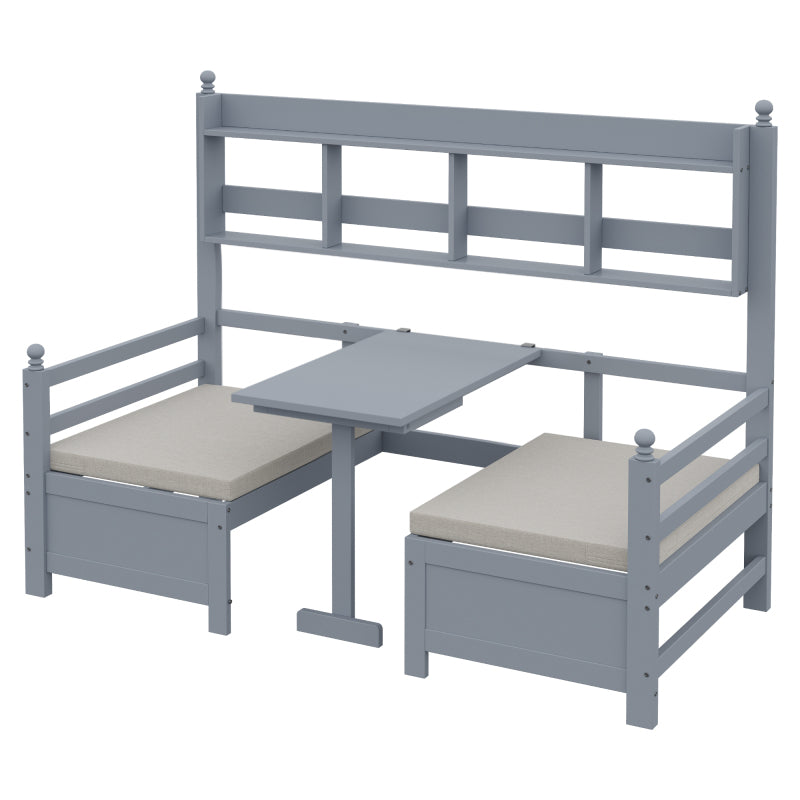 Multifunktionales Massivholz Schlafsofa 200x90 cm, 2-in-1 Bett und Schreibtisch, Frei Umbaubar, Mit Bücherregal Zur Aufbewahrung, Mit Bequemen Kissen, Gästebett Einzelholzbett, Grau