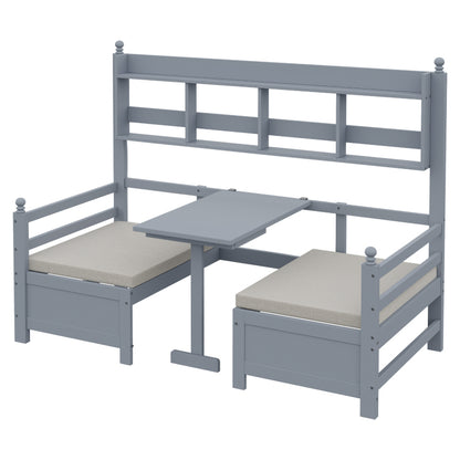Multifunktionales Massivholz Schlafsofa 200x90 cm, 2-in-1 Bett und Schreibtisch, Frei Umbaubar, Mit Bücherregal Zur Aufbewahrung, Mit Bequemen Kissen, Gästebett Einzelholzbett, Grau