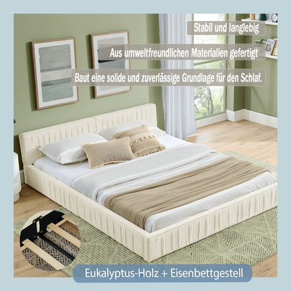 Doppelbett 140x200cm, mit Samtweichem Chenille-Bezug, Aus Ökologischem Eukalyptusholz und Stabiler Eisenrahmen, Beige (ohne Matratze)