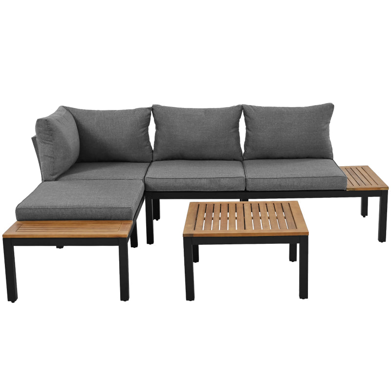 Garten-Lounge-Set (2 Zweisitzer, 2 Beistelltische, 1 Tisch), Tischplatte aus massiver Akazie, Stoffbezug für Rückenlehne, grau(previous sku:HW00005AAE)