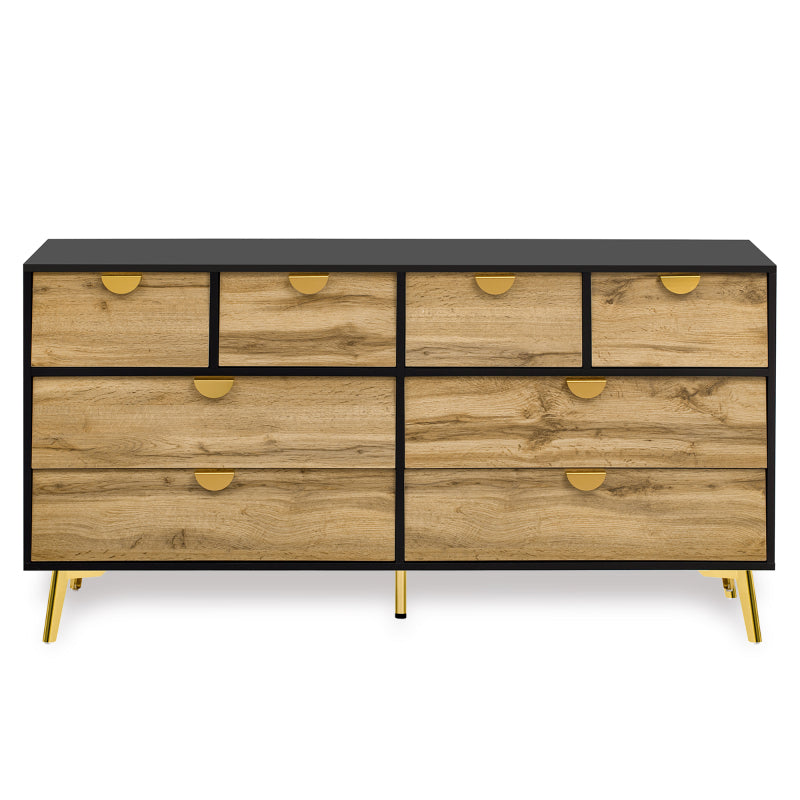 L150*W40*H78cm, Moderne Sideboard mit 8 Schubladen, Schwarz & Holzfarben, Minimalistisches Design, Goldene Metallgriff, Metallfüße, für Wohnzimmer und Esszimmer