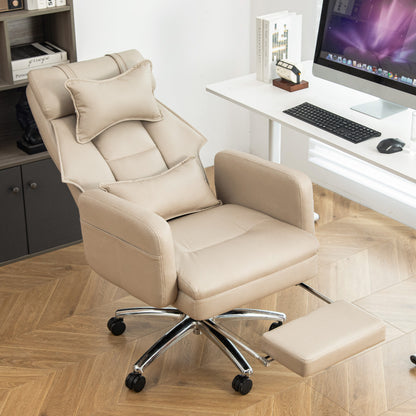 Ergonomischer Bürostuhl mit 155° Liegefunktion, Fußstütze, Tech-Leder, Beige
