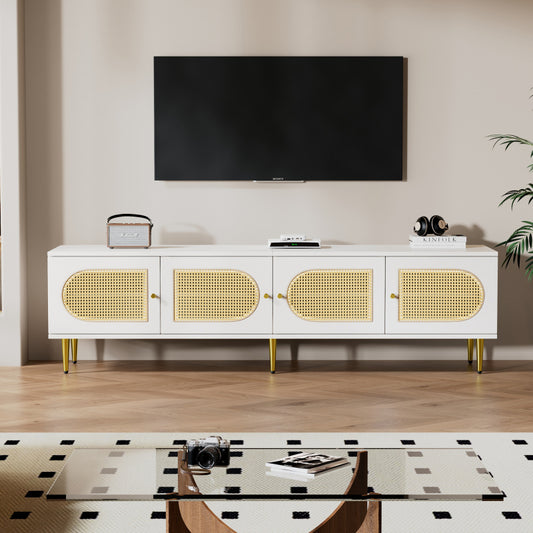 Weißer Rattan-TV-Schrank 180x40x50 cm - 4 Rattan-Türen, verstellbare Einlegeböden und Kabelmanagement für Fernseher bis 80 Zoll, TV-Schrank,Lowboards