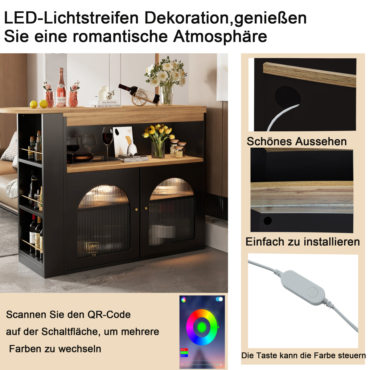 Bartisch ausziehbar 138-193cm, 360° drehbarer Stehtisch mit LED-Beleuchtung & Glasfront, Bistrotisch mit 3 Ablagen, Küchentisch, Schwarz