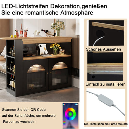 Bartisch ausziehbar 138-193cm, 360° drehbarer Stehtisch mit LED-Beleuchtung & Glasfront, Bistrotisch mit 3 Ablagen, Küchentisch, Schwarz