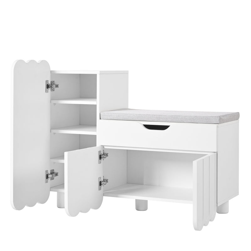 Moderner 3-Türen-Schuhschrank mit Schublade & Sitzpolster, Stilvolle Schuhbänke für Flur und Eingangsbereich, Weiß