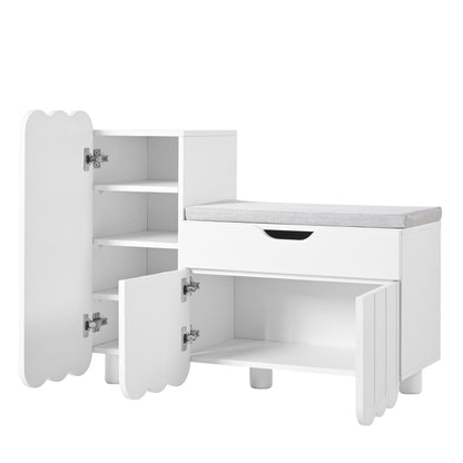 Moderner 3-Türen-Schuhschrank mit Schublade & Sitzpolster, Stilvolle Schuhbänke für Flur und Eingangsbereich, Weiß