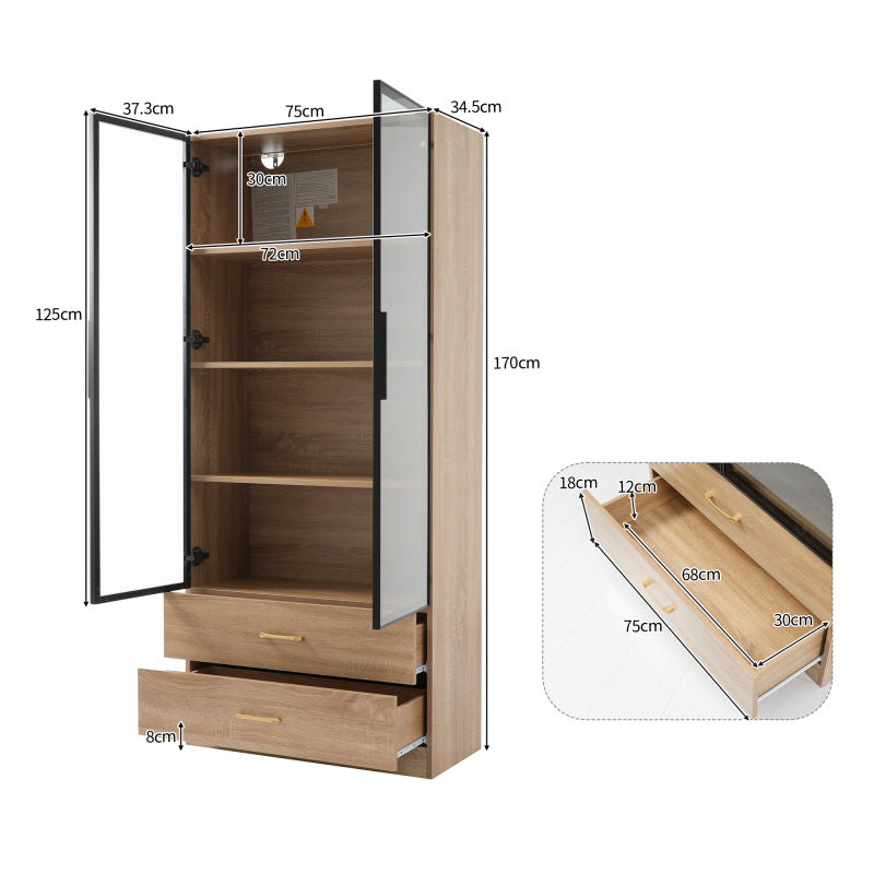 Badezimmerschrank, mittel, mit Lichtleiste, 75 cm breit, mit 2 großen Schubladen und 2 Türen, Glastür