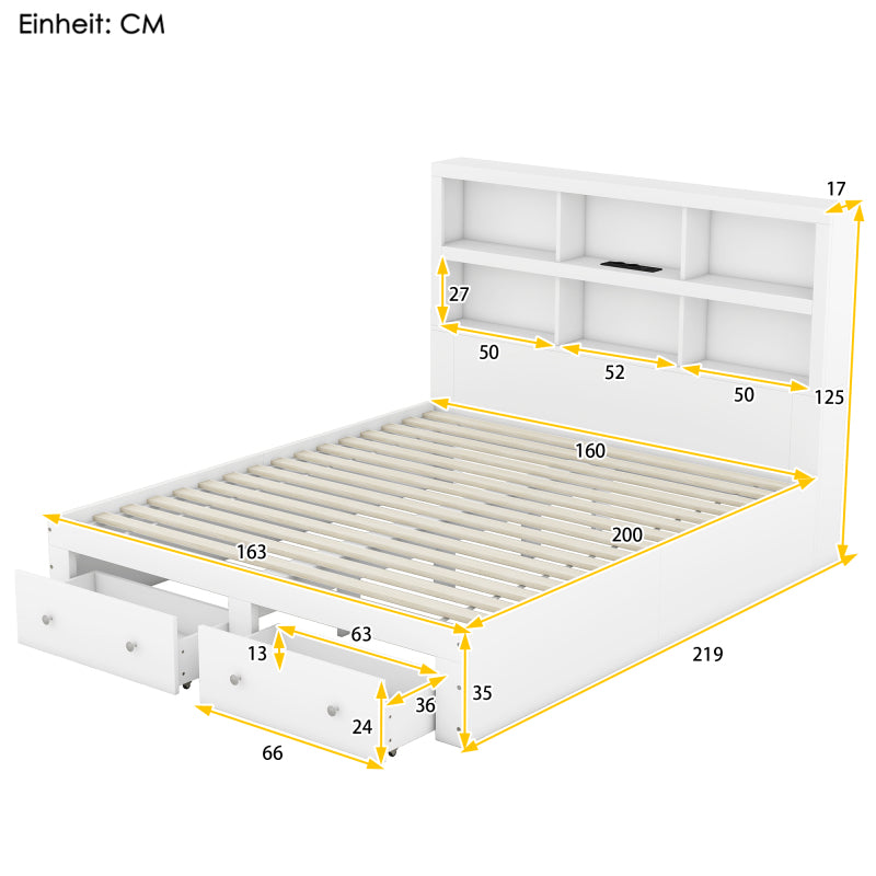 160*200cm Doppelbett, Kingsize-Plattformbett mit zwei Schubladen am Fußende des Bettes, Kopfteil mit Stauraum, Weiß