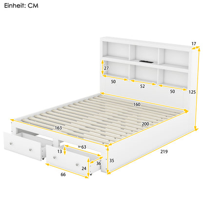 160*200cm Doppelbett, Kingsize-Plattformbett mit zwei Schubladen am Fußende des Bettes, Kopfteil mit Stauraum, Weiß