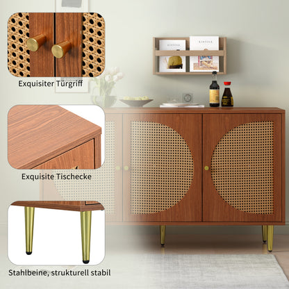 Sideboard mit 3 Rattan verzierten Türen Kommode Highboard mit Metallgriffe, für Schlafzimmer & Wohnräume & Büro, Nussbaum 129.8x 40x 76cm