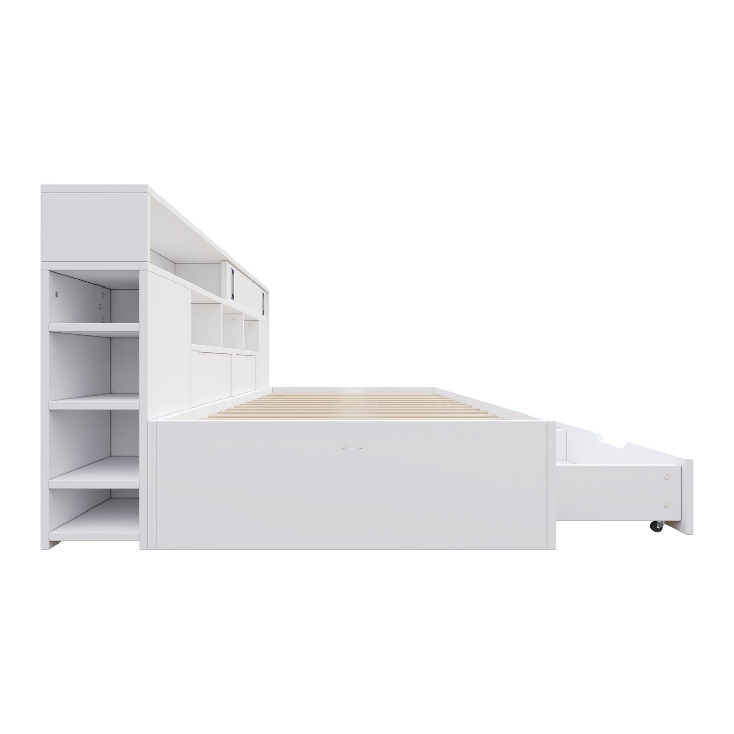 Kinderbett 140x190cm Funktionsbett mit Stauraum, Daybed inkl. 2 Schubladen, Regalen & Schrank, Stauraumbett aus MDF, Jugendbett, Weiß