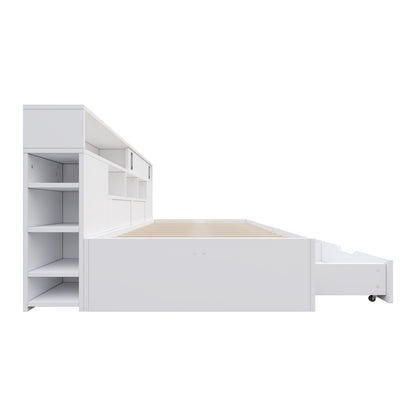 Kinderbett 140x190cm Funktionsbett mit Stauraum, Daybed inkl. 2 Schubladen, Regalen & Schrank, Stauraumbett aus MDF, Jugendbett, Weiß