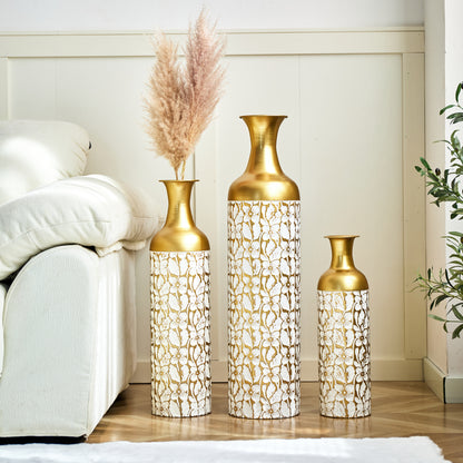 3er Set Bodenvase Metall, Weiß-Gold, Retro Stil, 83/65/50 cm hoch