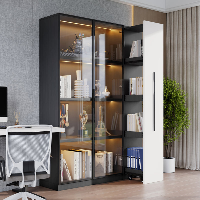 Multifunktionsschrank 110,5x35x160 cm, Schwarz-Weiß: Moderne Vitrine mit Glastür, LED, Seitenauszug, Rollschrank, ideal für Bücher, Bad, Esszimmer.