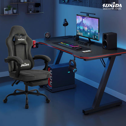 Gaming Stuhl Stoff, Ergonomischer Gaming Chair mit Fußstütze, Verstellbarer Racing Computerstuhl mit Lordosenstütze, Grau Ergonomisch PC-Stuhl