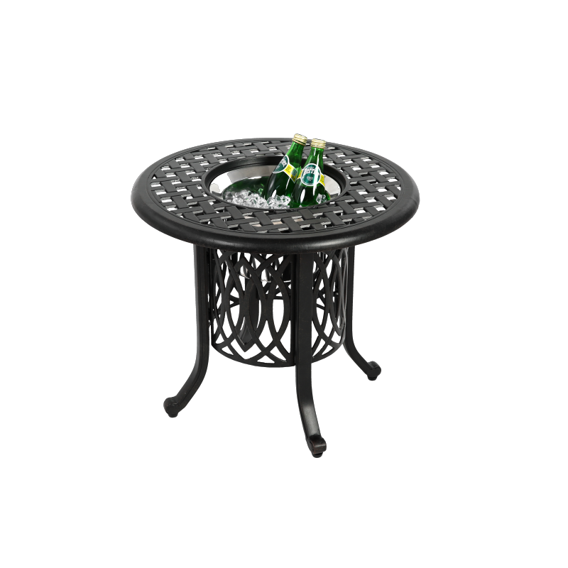 Outdoor Aluminum Table with Ice Bucket,Patio Side Table,  Aluminum End Table with Adjustable Footpads, Outdoor Small Coffee Table