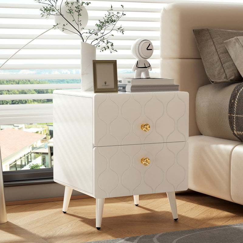 Moderner Nachttisch, vergoldete Griffe, Wellenmuster, 2er-Set, mit 2 Schubladen, lackiert, Ecken mit stoßfestem Design, 39,5 B*40 T*50 H cm, Weiß