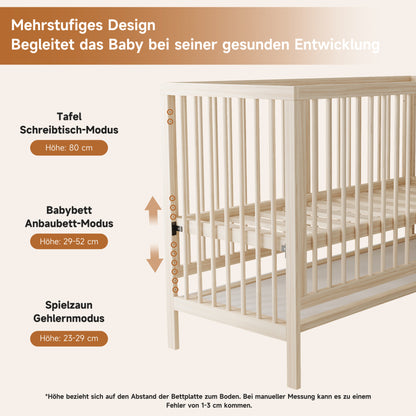 Holz Babybett, umwandelbar in Nebenbett / Malerbrettständer / Schreibtisch, höhenverstellbar, ohne Matratze, aus Fichte, naturfarben, 140x60x90cm