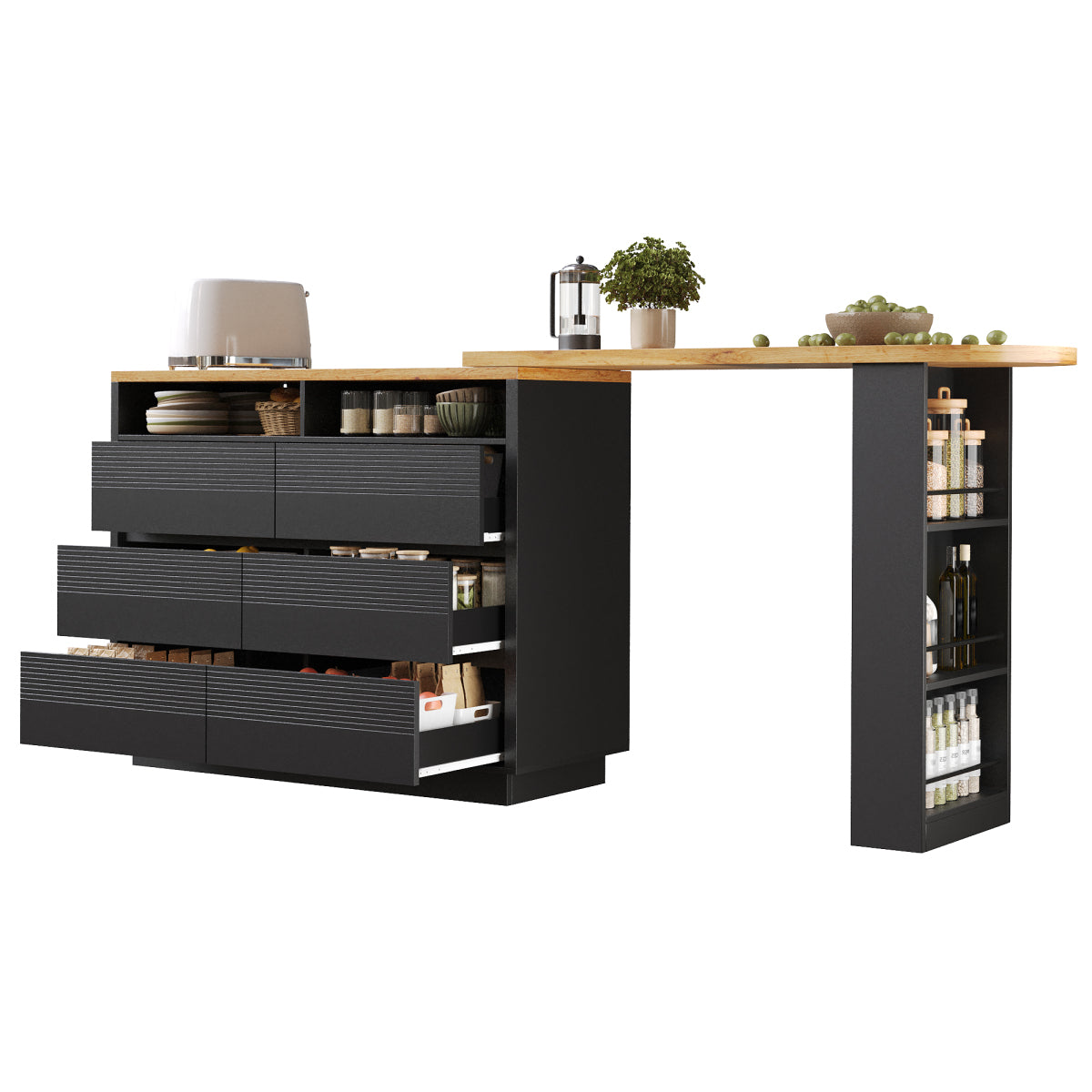 Ausziehbarer Bartisch (137-215cm) - Moderner Teleskop-Hochtisch mit 6 Schubladen & Stauraum - Bewegliche Kücheninsel, Stehtisch & Bistrotisch