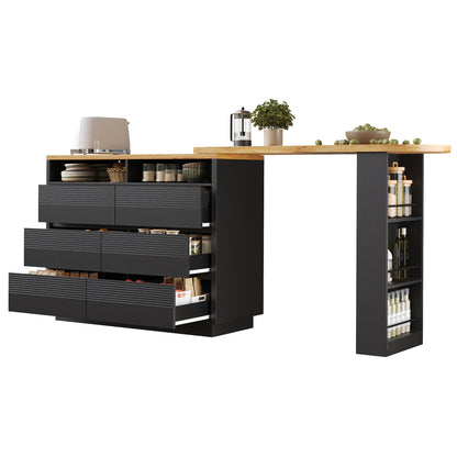 Ausziehbarer Bartisch (137-215cm) - Moderner Teleskop-Hochtisch mit 6 Schubladen & Stauraum - Bewegliche Kücheninsel, Stehtisch & Bistrotisch