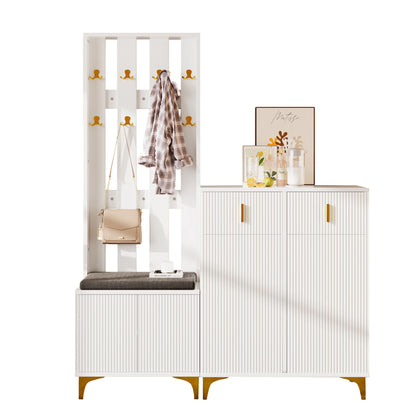 Garderoben-Set mit Schuhschrank & Sitzbank, Wellenfront, Push-to-Open, goldene Details, Weiß