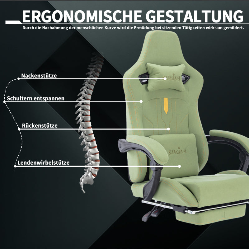 Gaming Stuhl Computerstuhl Ergonomischer Gaming Chair mit Fußstütze Bürostuhl Ergonomischer Computerstuhl mit Lendenwirbelstütze Grün