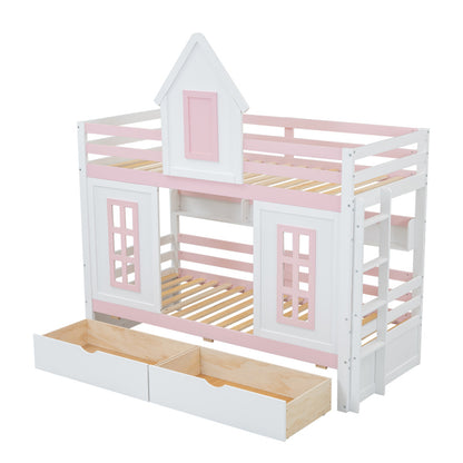 Etagenbett, Prinzessinnenbett, Kinderbett, Kinderbett mit Dach und Fenster, mit Fallschutzgitter, stabiles Geländer, Zwei Schubladen mit Rollen, Offenes Regal, Reichlich Stauraum, Kiefer+MDF,Weiß+Rose
