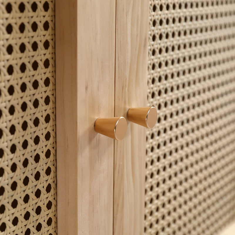 Kleiderschrank mit Stange, 2-türiger Kleiderschrank, Schlafzimmer, Rattannetz, Wohnzimmer, mit unterem Flip-Top-Deckel, Spanplatten+PE-Rattan, Natur