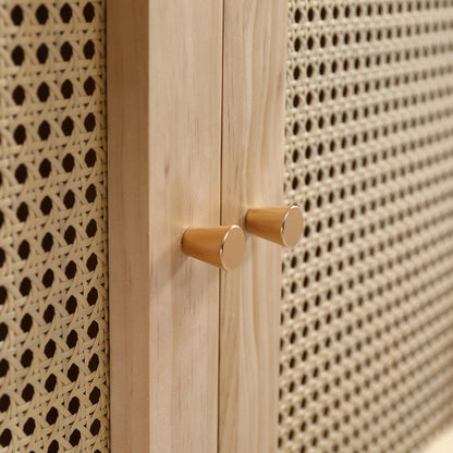Kleiderschrank mit Stange, 2-türiger Kleiderschrank, Schlafzimmer, Rattannetz, Wohnzimmer, mit unterem Flip-Top-Deckel, Spanplatten+PE-Rattan, Natur