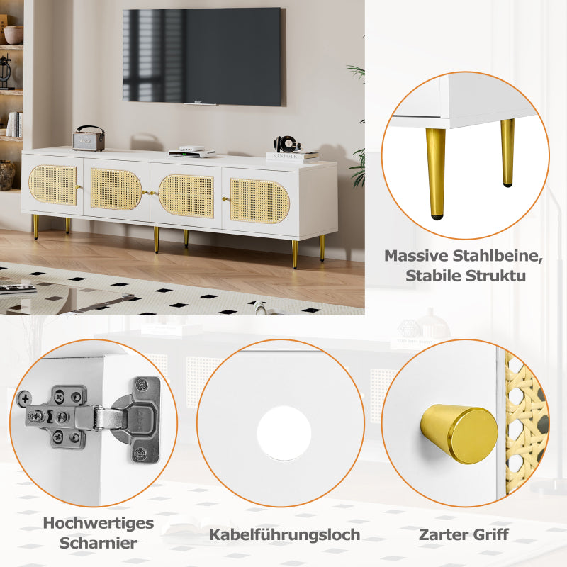 Weißer Rattan-TV-Schrank 180x40x50 cm - 4 Rattan-Türen, verstellbare Einlegeböden und Kabelmanagement für Fernseher bis 80 Zoll, TV-Schrank,Lowboards