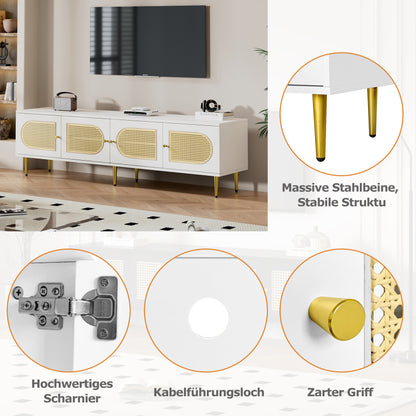 Weißer Rattan-TV-Schrank 180x40x50 cm - 4 Rattan-Türen, verstellbare Einlegeböden und Kabelmanagement für Fernseher bis 80 Zoll, TV-Schrank,Lowboards