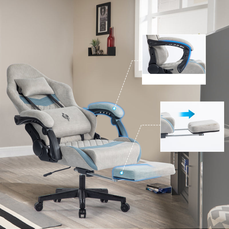 Gaming Stuhl mit Fußstütze Gaming Stuhl Stoff Bürostuhl mit Lendenwirbelstütze Ergonomischer Gaming Sessel Gaming Stuhl 150 kg Belastbarkeit Gamer Stuhl Verstellbare Armlehne, Grau