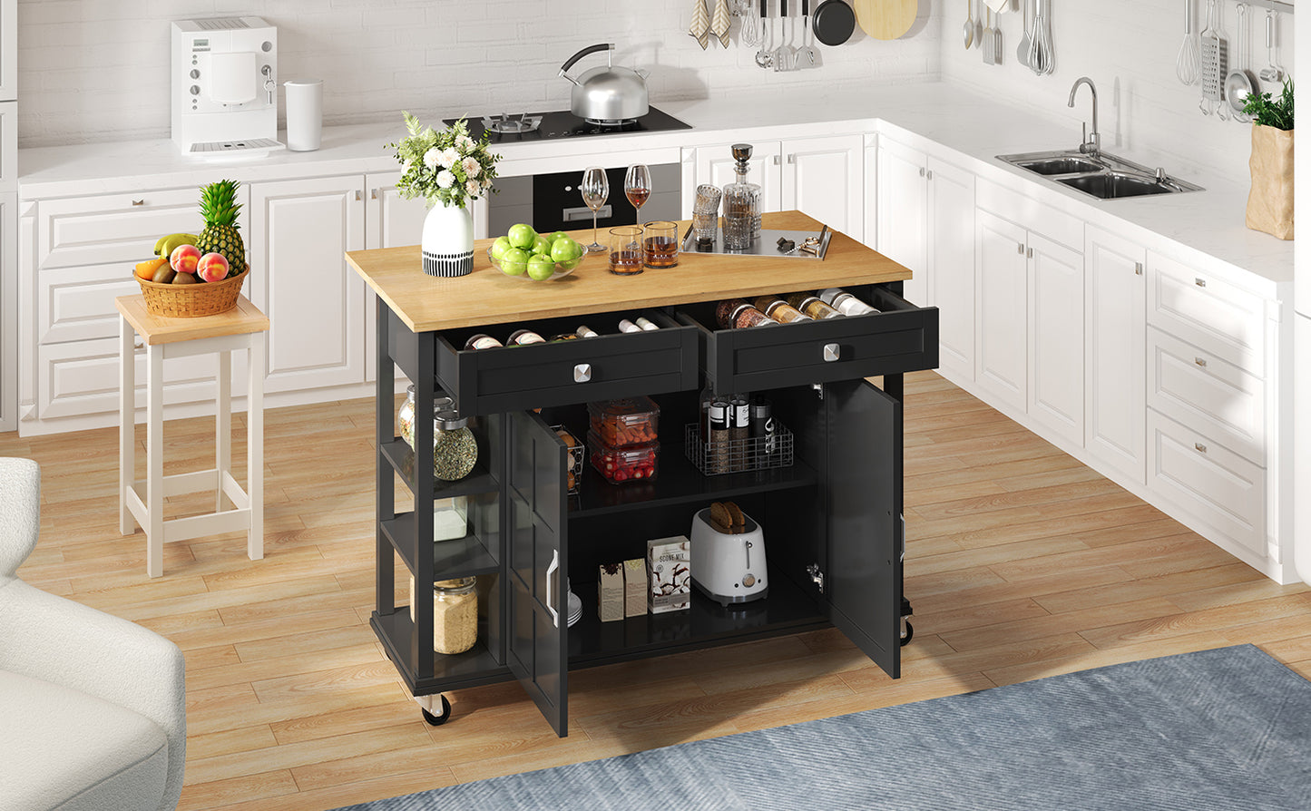 Multifunktionaler Küchenwagen mit klappbarer Arbeitsplatte, 120×65 cm erweiterbar, 2 Schubladen, geräumige Aufbewahrung, auf Rollen – Stilvoller Servierwagen für Küche, Esszimmer & Wohnzimmer