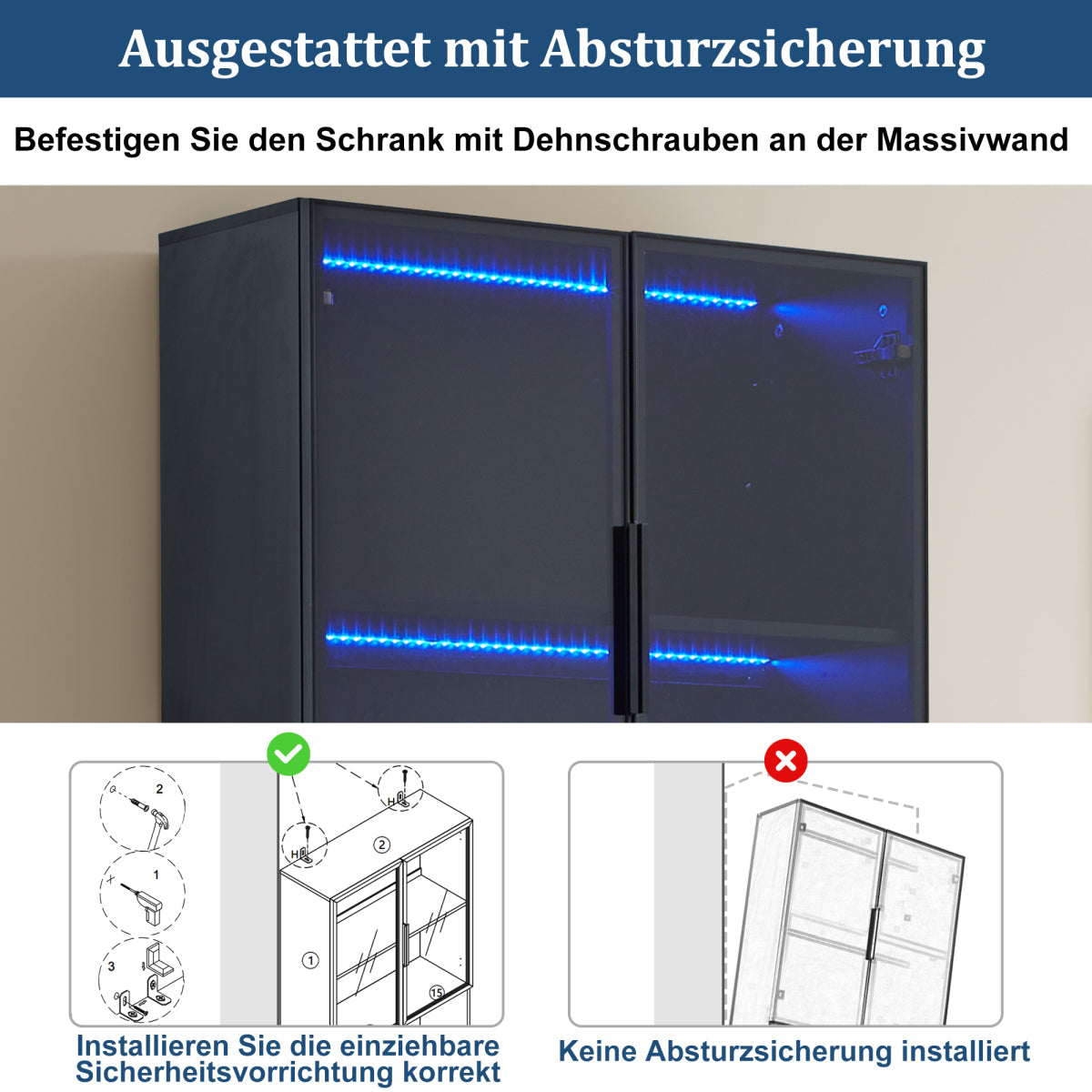 Moderne Vitrine 80x30x200cm Weiß/Schwarz - Glasschrank mit LED, Einstellbare Helligkeit & Farbtemperatur, Sammler-Bücherregal mit Glastüren