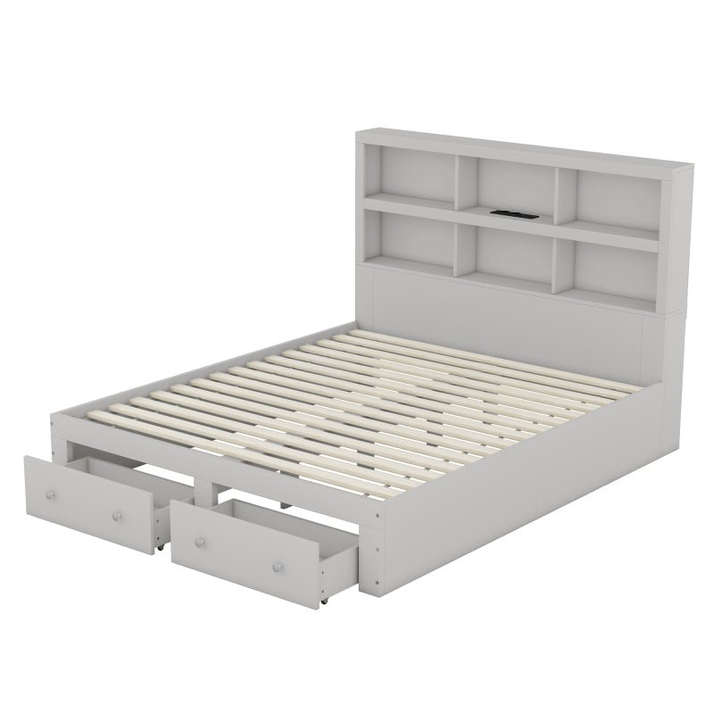 160*200cm Doppelbett, Kingsize-Plattformbett mit zwei Schubladen am Fußende des Bettes, Kopfteil mit Stauraum, Grau