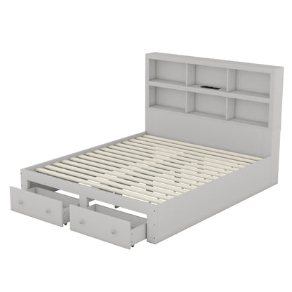 160*200cm Doppelbett, Kingsize-Plattformbett mit zwei Schubladen am Fußende des Bettes, Kopfteil mit Stauraum, Grau