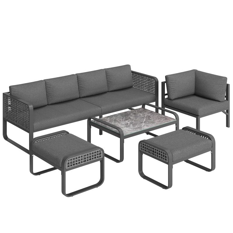 Garten-Lounge-Set, Rattan-Möbel-Set für 6-7 Personen, Ecksofa mit verzinktem Eisengestell, verstellbare Beine, inklusive aller Sitz- und Rückenkissen, grau