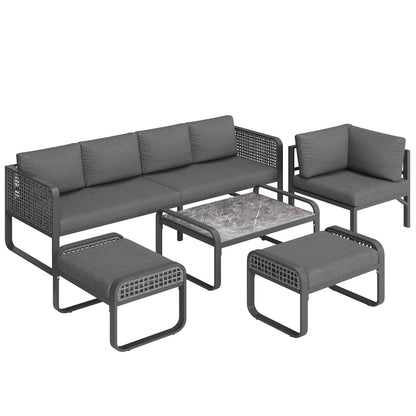 Garten-Lounge-Set, Rattan-Möbel-Set für 6-7 Personen, Ecksofa mit verzinktem Eisengestell, verstellbare Beine, inklusive aller Sitz- und Rückenkissen, grau