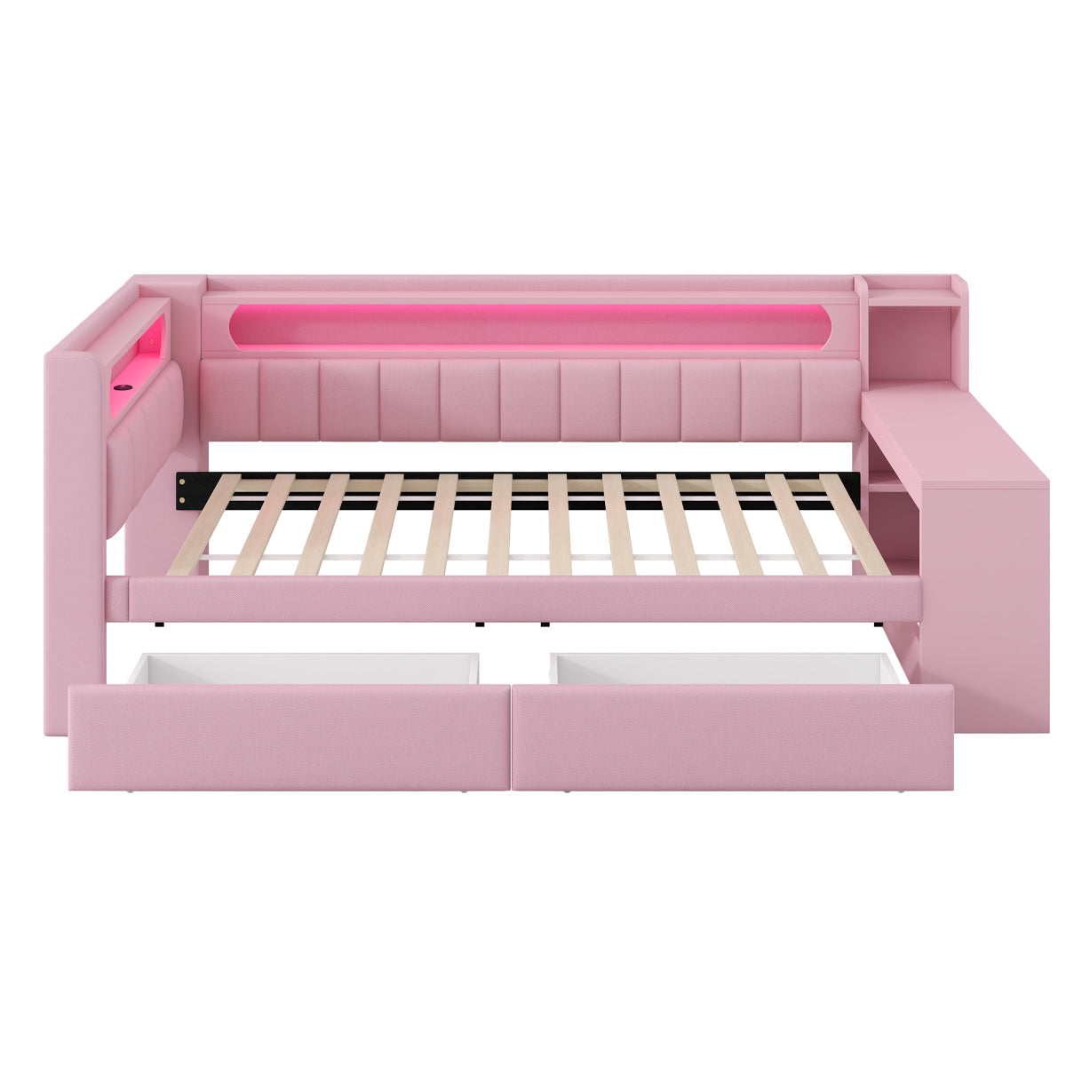 Daybed 90x200, Rosa, USB, LED-Beleuchtung, Schreibtisch & 2 Schubladen