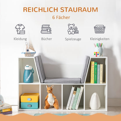 Kinderregal Bücherregal mit Sitzhocker Kindersitzbank mit 6 Fächern Sitztruhe mit 3 Kissen Spielzeugkiste ab 3 Jahren Weiß+Grau