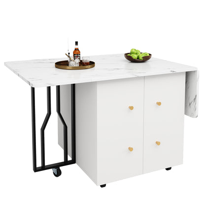 Tragbarer Esstisch, klappbare Tischplatte, marmorierte Tischplatte, geeignet für Esszimmer, Wohnzimmer, verstellbare Trennwände, großes Staufach, 6 Rollen (2 feststellbar), schwarze Tischbeine